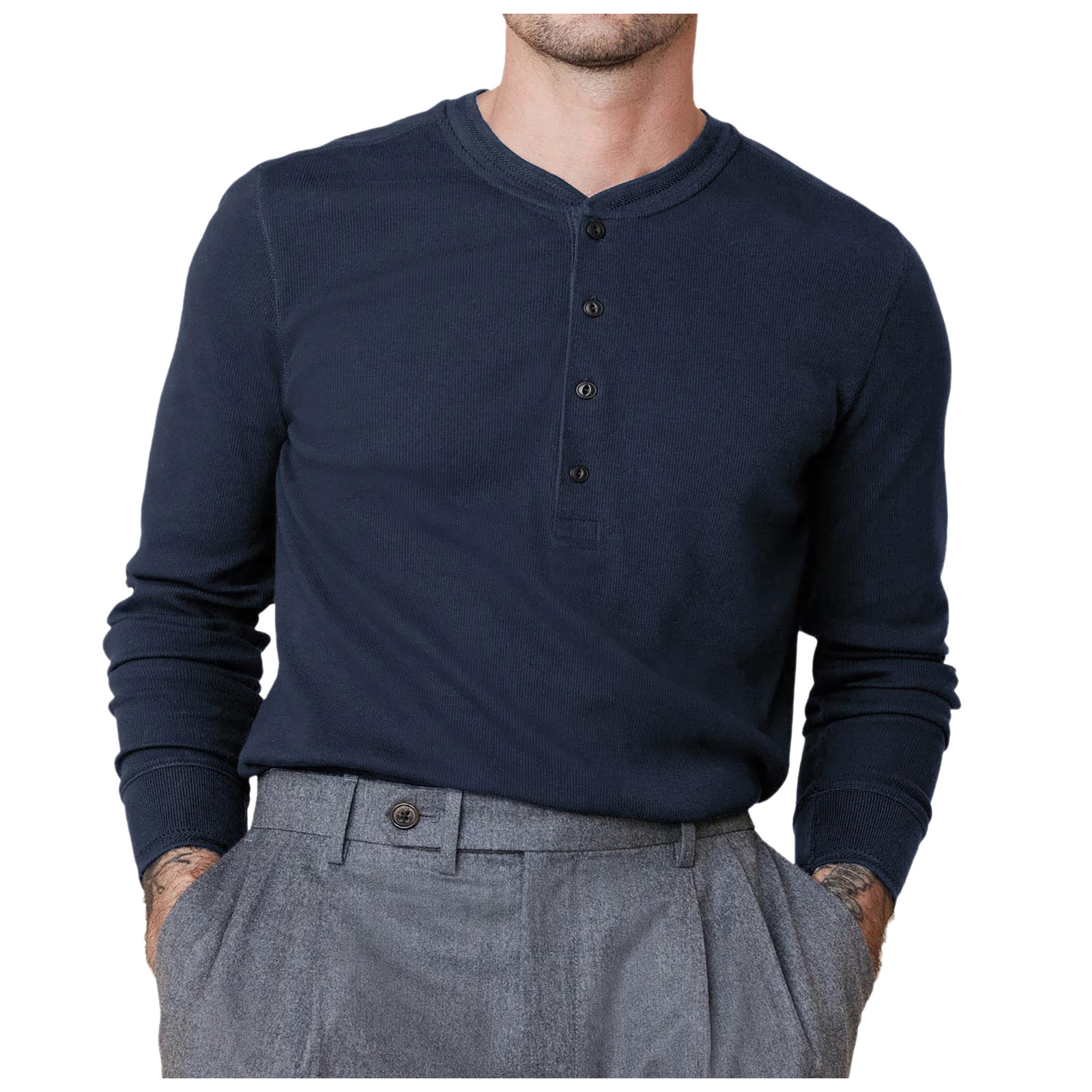 thumbnail image 4 of Camiseta de manga larga con botones y color liso para hombre, para otoño, mezcla de poliéster, cómoda e informal, varias tallas disponibles., 4 of 7